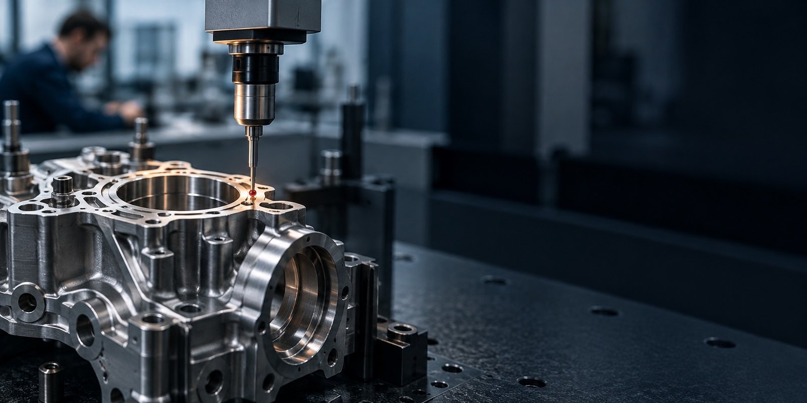 Escena ilustrativa de inspección dimensional con una máquina de medición
